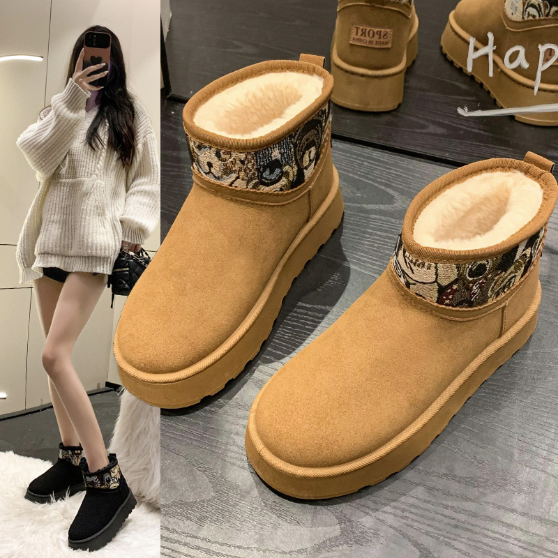 红蜻蜓牌厚底雪地靴女款冬季2023新款短靴加绒加厚一脚蹬东北大棉