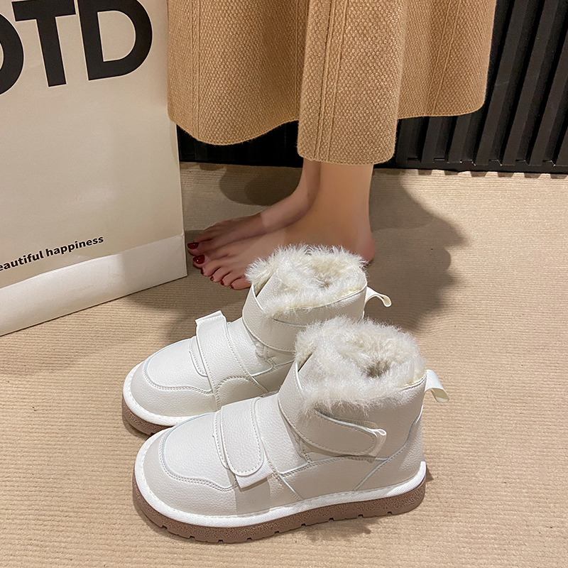 红蜻蜓牌雪地靴女2023年冬季新款皮毛一体厚底魔术贴短靴学生加绒