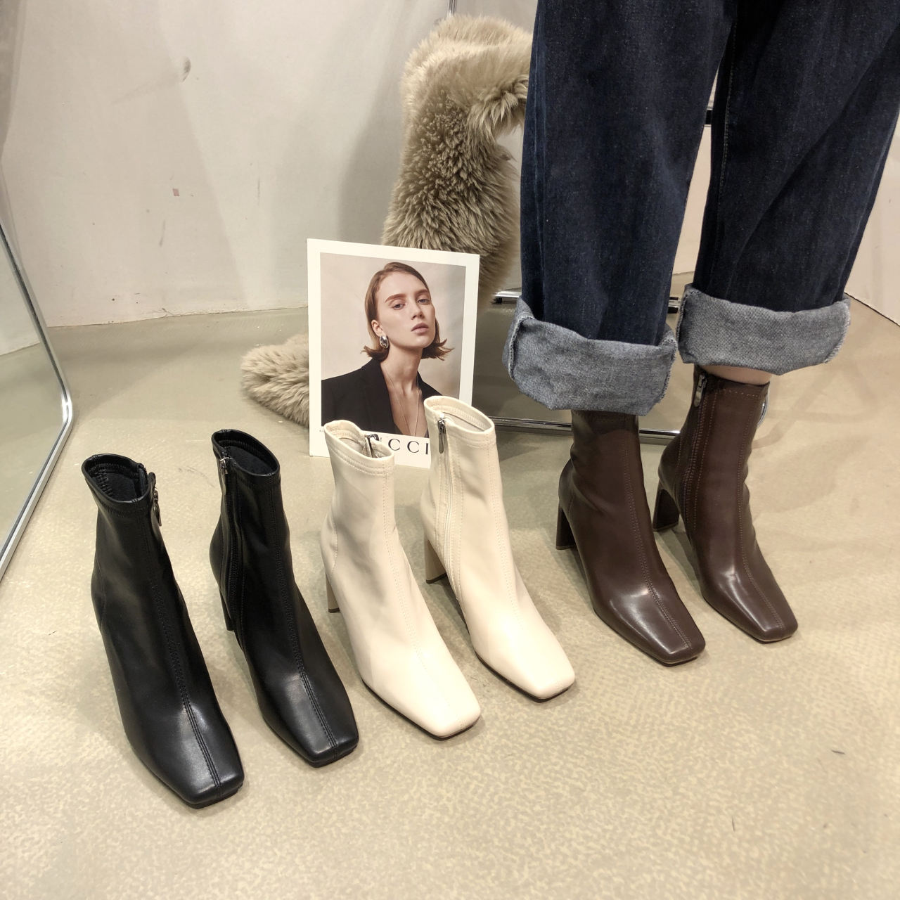 红蜻蜓牌棕色粗跟法式小短靴子女2023秋冬新款方头及踝靴弹力瘦瘦
