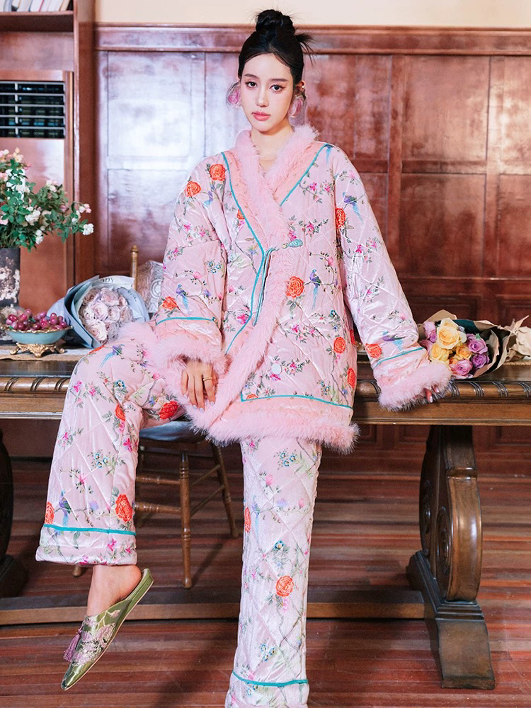 AZ原创 粉色中式三层夹棉加厚睡衣家居服