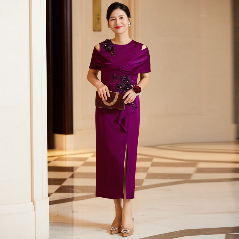 2024夏季新款优雅气质礼服连衣裙婚宴妈妈礼服裙中长款显瘦一步裙