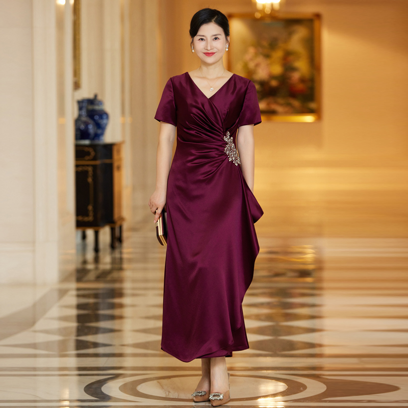 2025春夏新款高贵轻奢醋酸礼服裙气质喜婆婆喜妈妈礼服鱼尾连衣裙