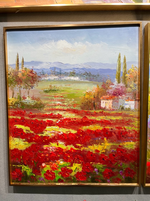 50x60纯手工油画红花田园风景油画竖版家居油画