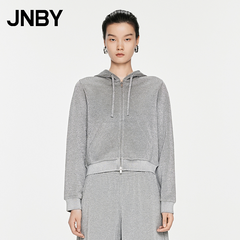 JNBY/江南布衣春秋卫衣开衫细闪连帽棉混纺抽绳开襟外套5O9414570