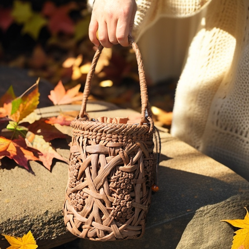 葡萄曜「福建非遗手工藤编包」原创设计圆桶蘑菇包