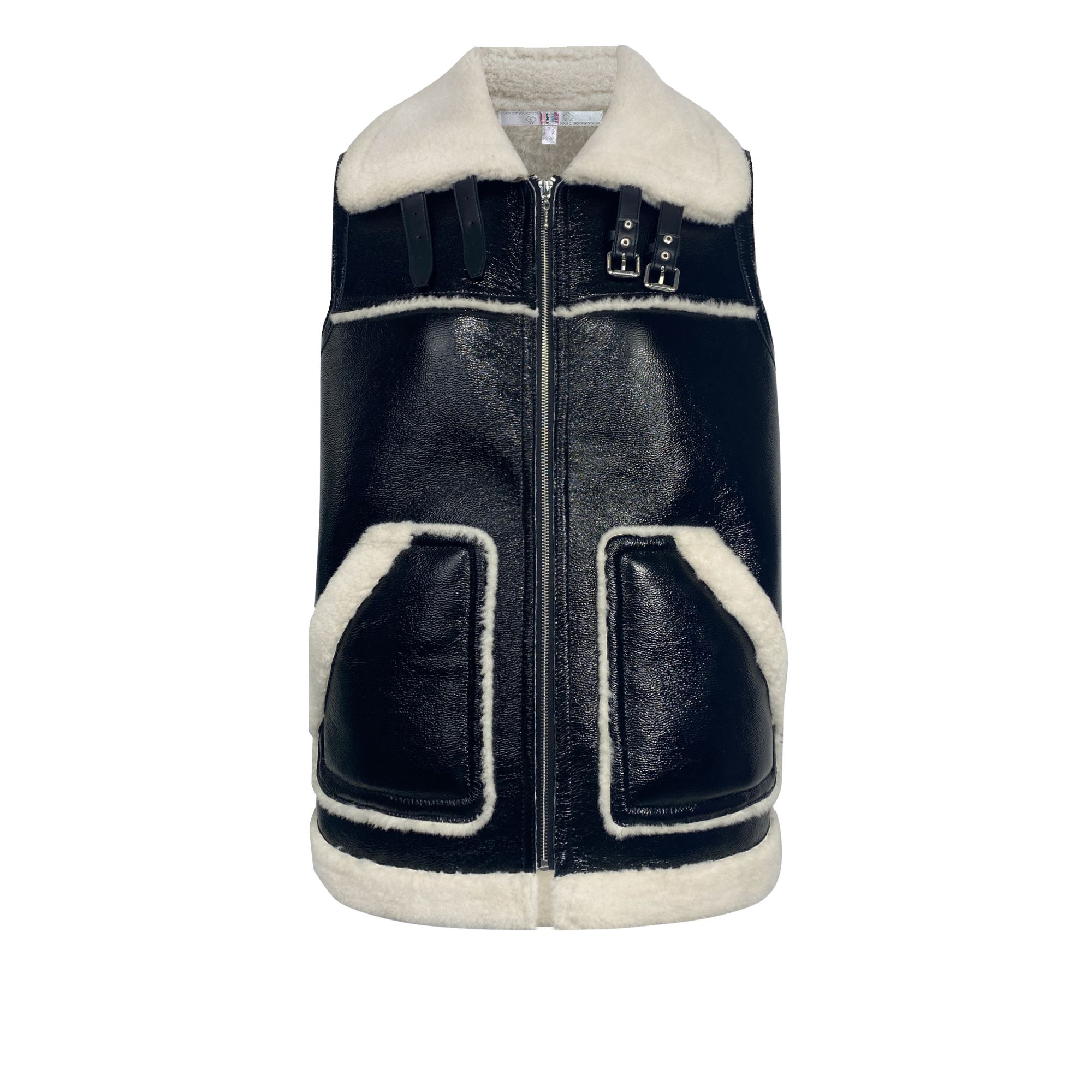 姜穹JIANGQIONG2024秋冬新款皮毛一体黑白撞色金属拉链夹克