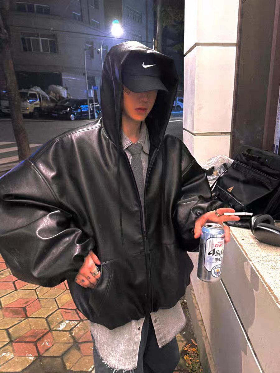 买手店设计感灯笼袖连帽开衫皮衣男女款潮流宽松外套韩版复古夹克