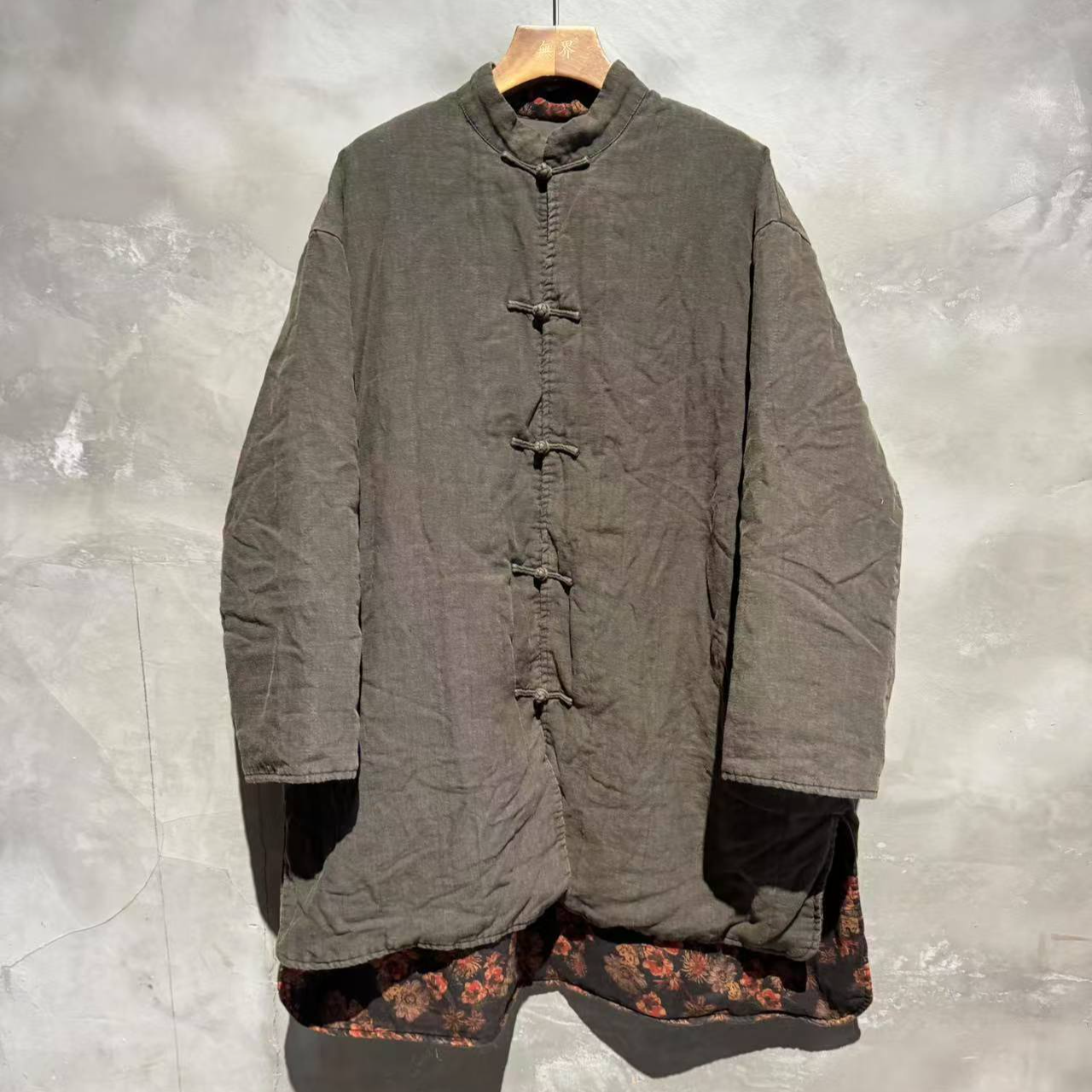 無界原创高品质亚麻盘扣中长款休闲宽松棉服