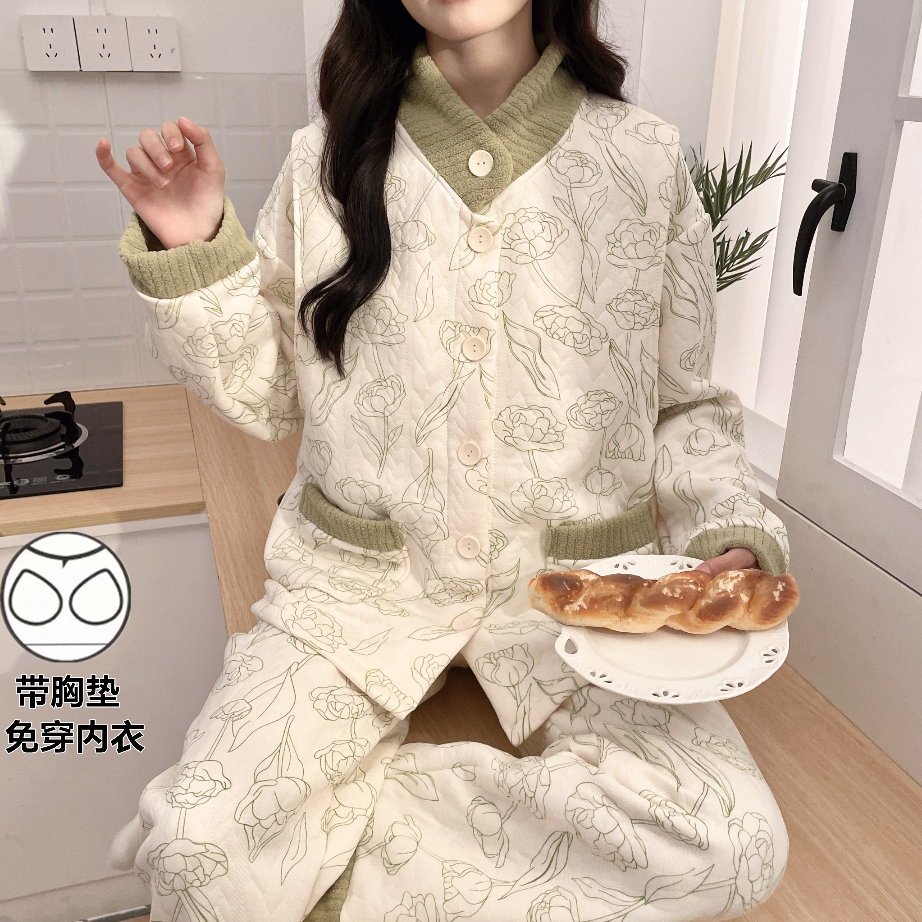 冬季厚款空气棉带胸垫月子服孕妇哺乳睡衣产后保暖家居服套装外穿