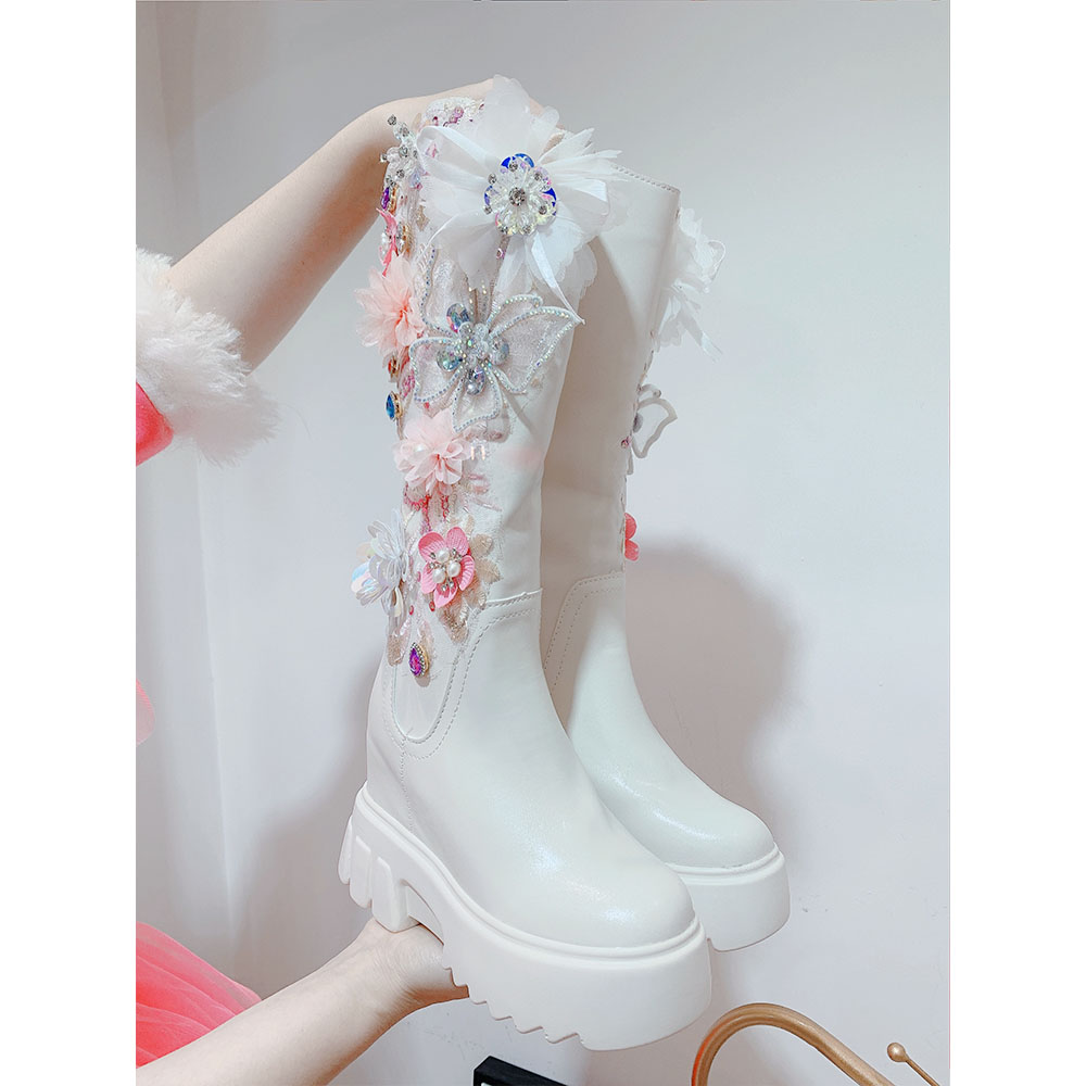 高端设计师定制亮片刺绣花朵显高显瘦10厘米时装靴潮