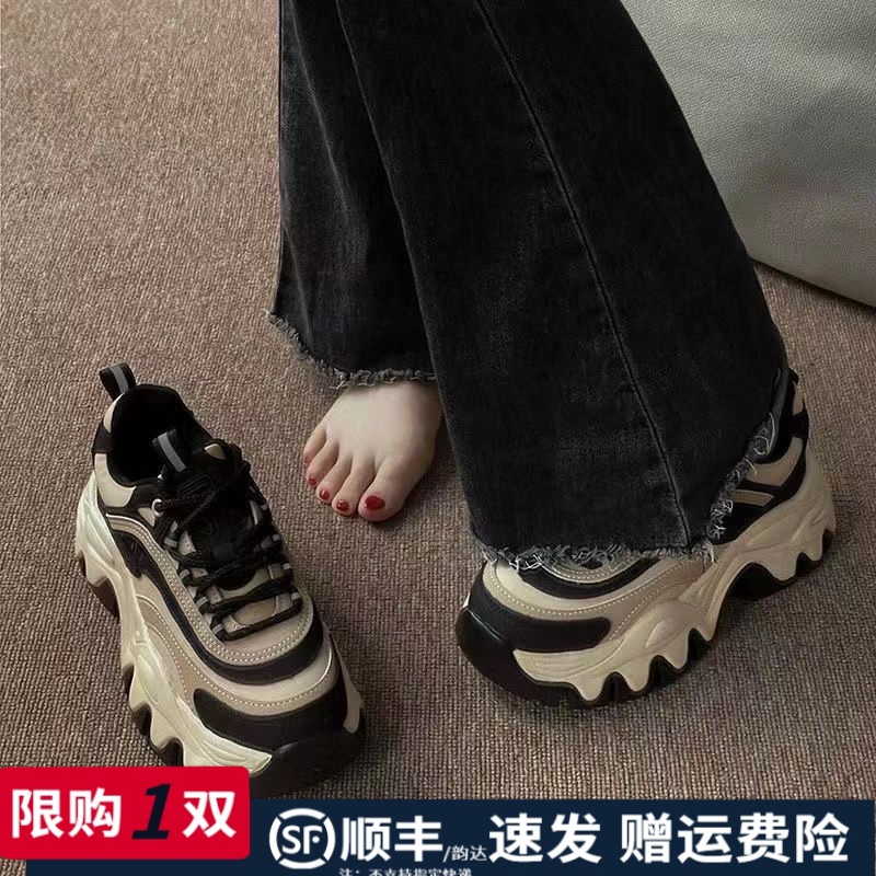 网红秋季百搭韩版黑色胶粘超火增高老爹鞋女春季新款厚底