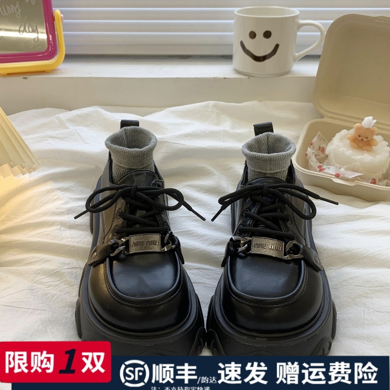软皮新款春季大头小皮鞋厚底乐福鞋复古百搭英增高8厘米