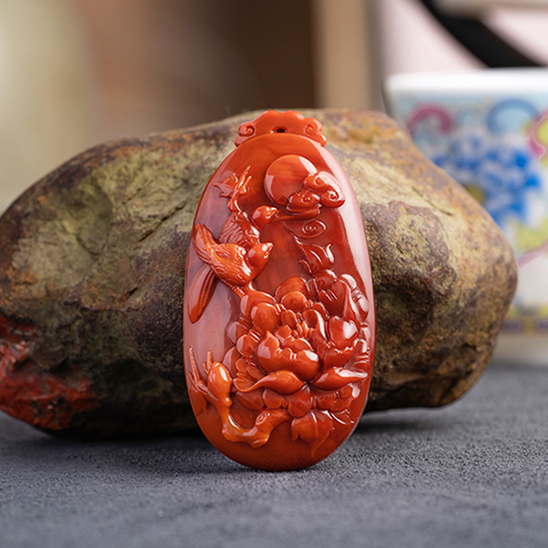 原矿无胶无裂南红吊坠花鸟祥云图南红玛瑙雕刻件