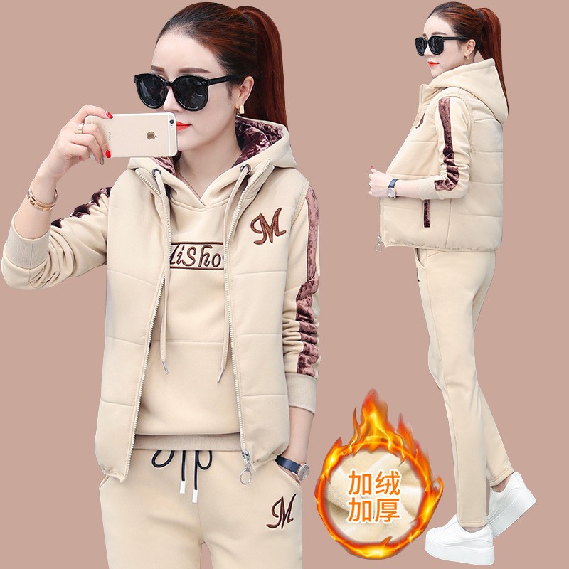 休闲运动服套装女装秋冬2024新款时尚宽松加绒加厚卫衣马甲三件套
