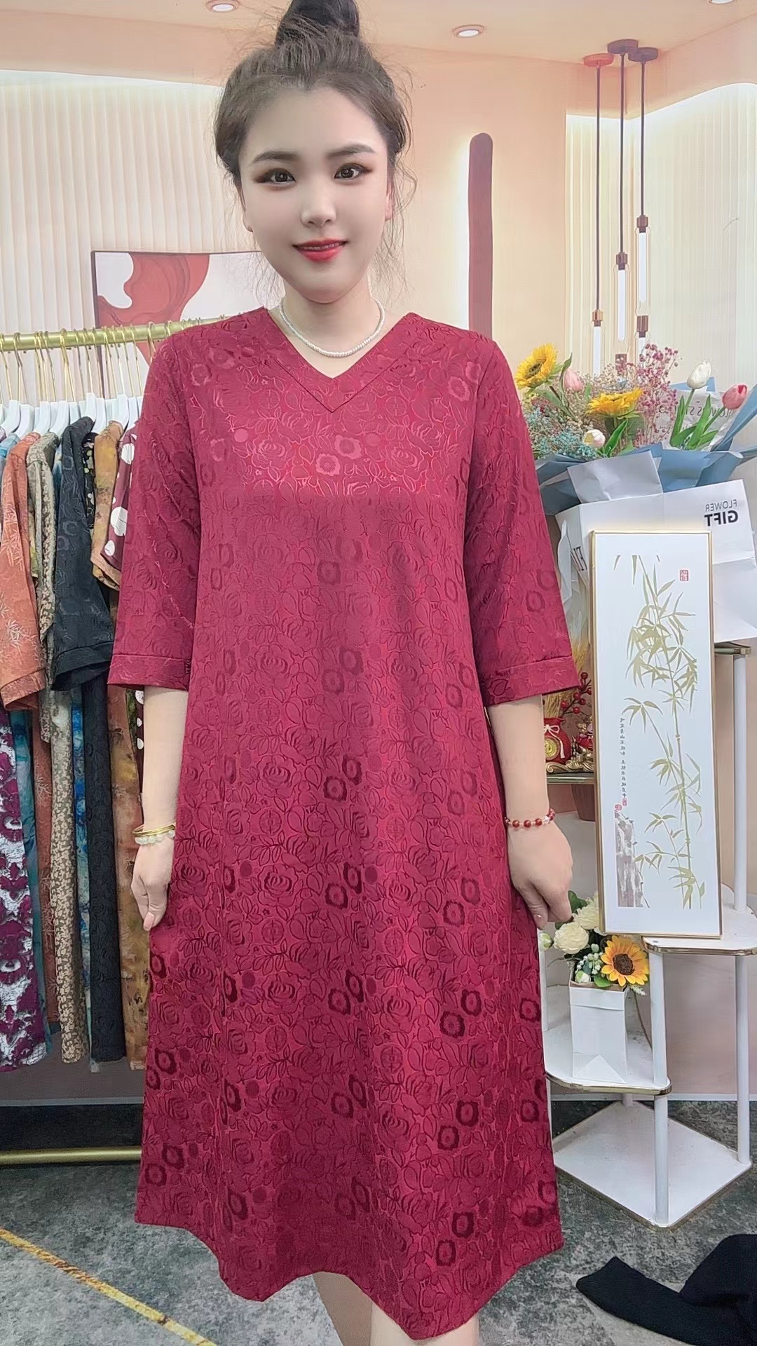 【中袖红色有钱花】夏季新款时尚气质显瘦百搭中长款妈妈装