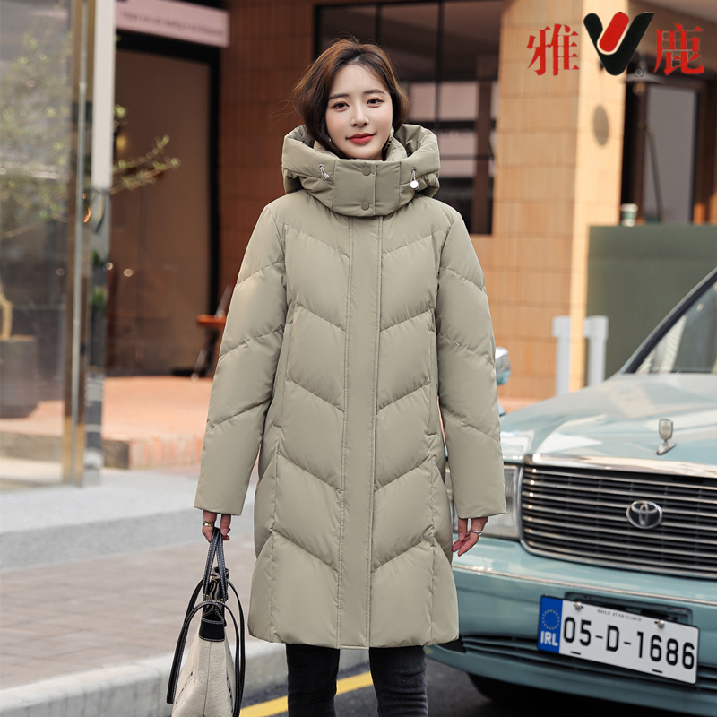 V/雅鹿YSM01Z1666T新款加厚冬季时尚连帽中长款90%白鸭绒羽绒服