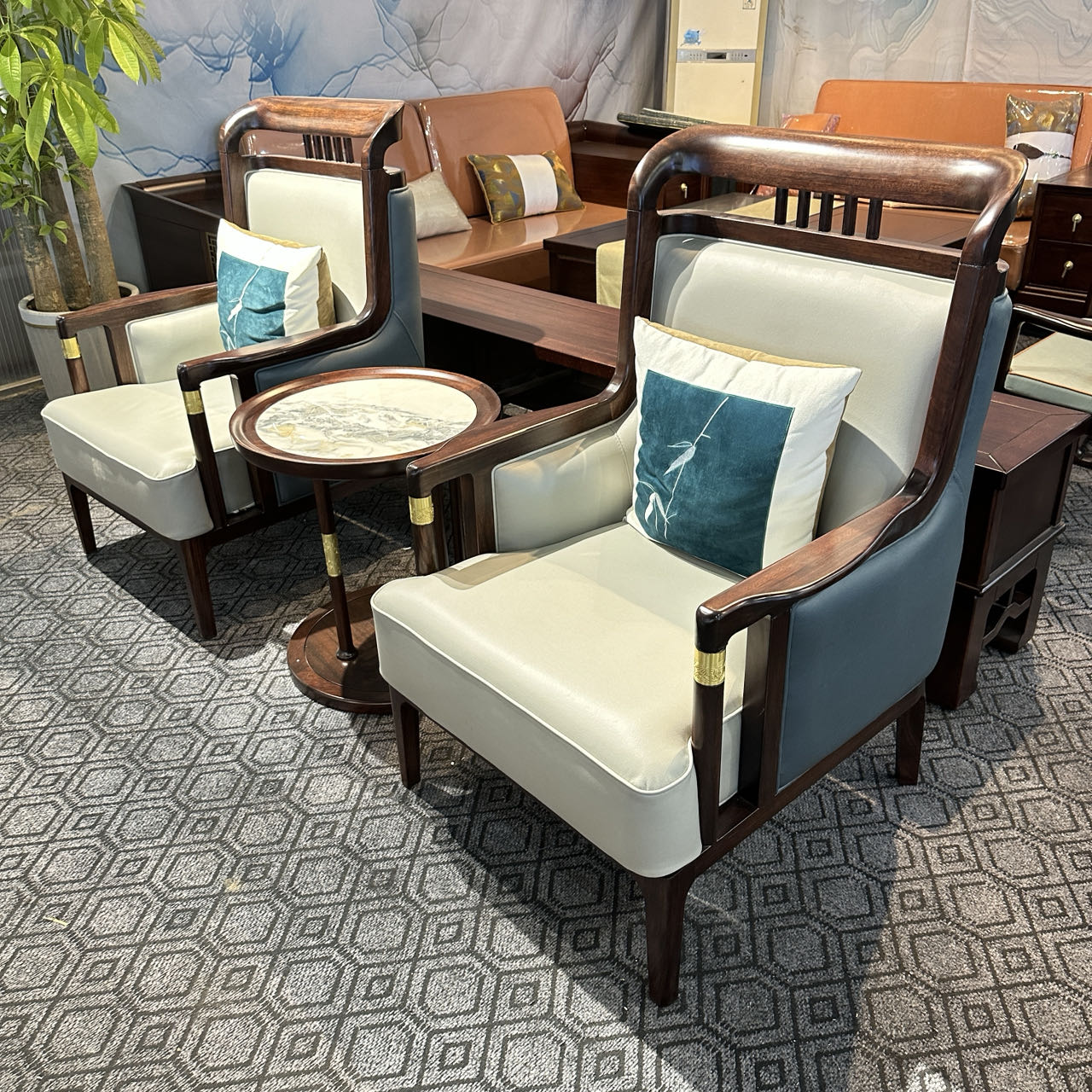 新中式酒店实木休闲椅三件套会所客厅简约别墅禅意