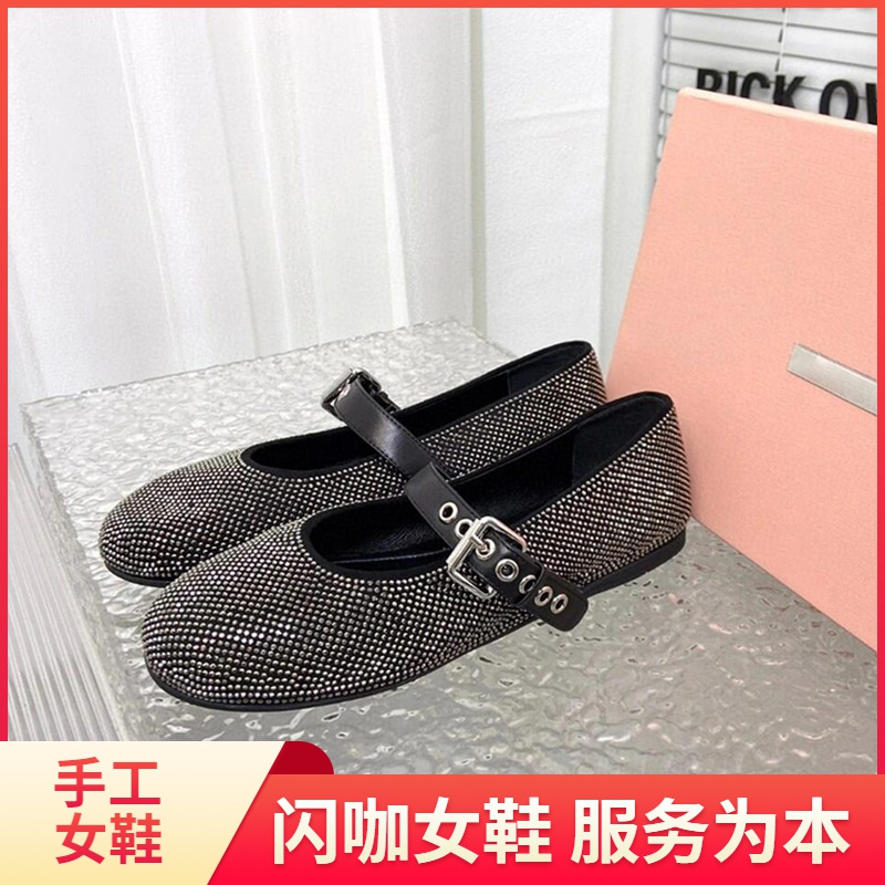 乐福鞋百搭满水钻真皮一字带复古玛丽珍女鞋重工软底单鞋女平底