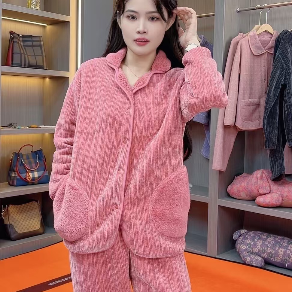 新款雪尼尔双面绒秋冬居家睡衣女套装家居服保暖时尚舒适加厚