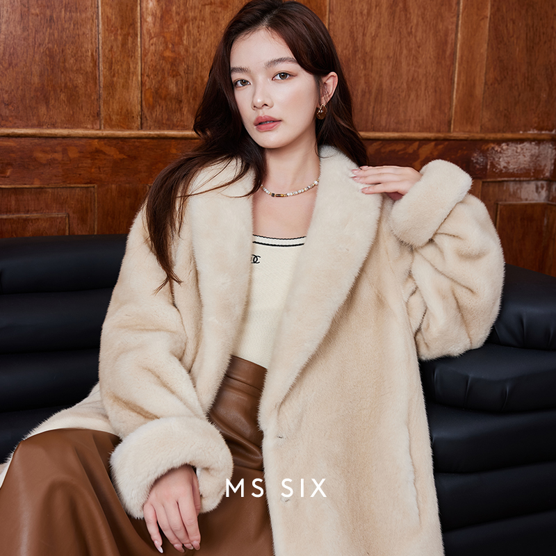 Ms Six大衣女整貂进口紫标天鹅绒水貂气质青果领挽袖外套