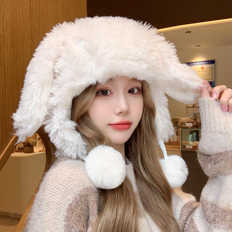 兔耳朵帽子女秋冬季保暖护耳加厚雷锋帽骑车显脸小可爱学生毛绒帽