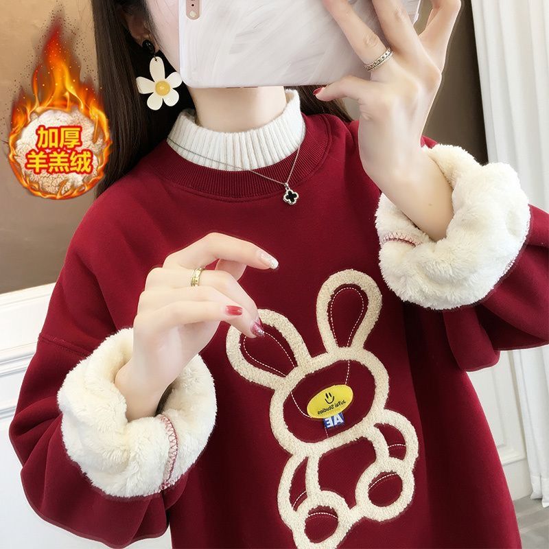女童羊羔绒卫衣2023冬季新款中大儿童可爱兔子加绒加厚半