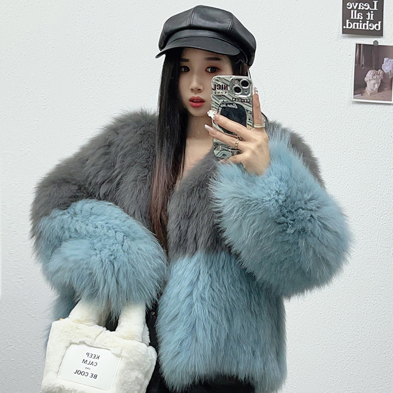 【幼奈】新款欧货2024冬季狐狸毛毛撞色双面编织皮草外套大衣女海宁