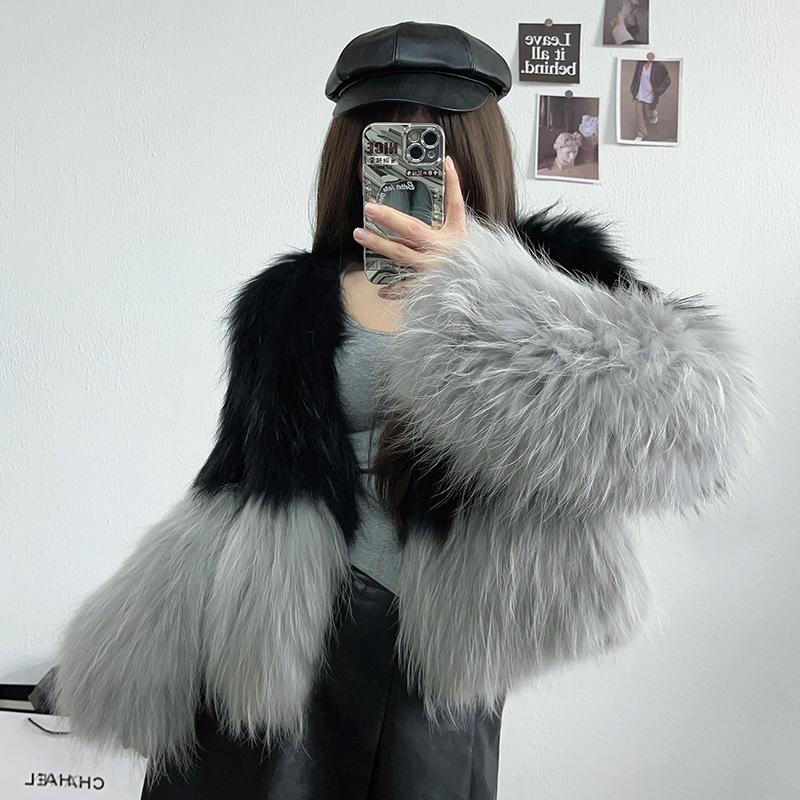 【幼奈】貉子毛黑灰拼色短款双面编织毛毛皮草女外套2024年洋气爆款
