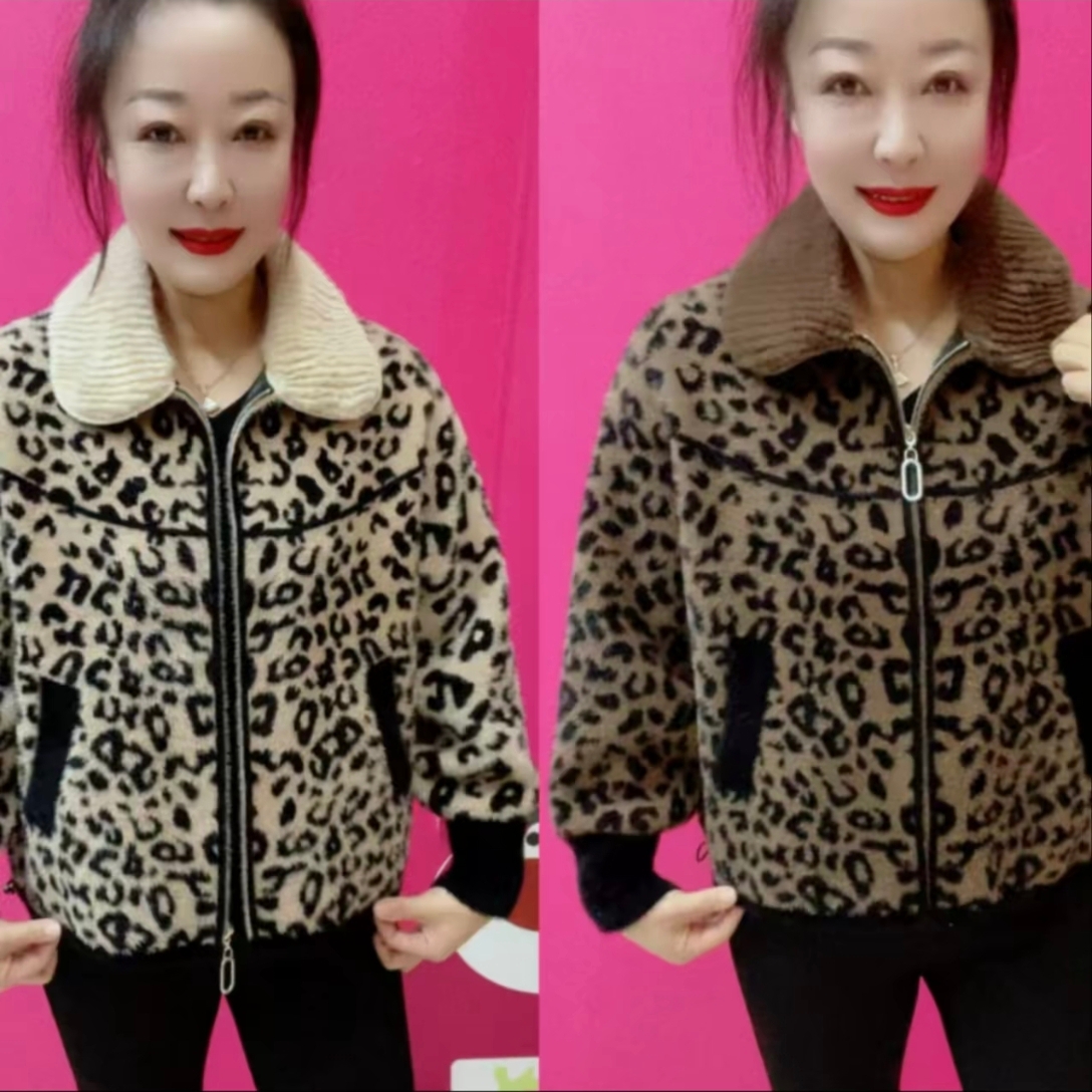 秋冬季新款翻领金绒质感豹纹外套妈妈装显瘦百搭洋气时尚保暖