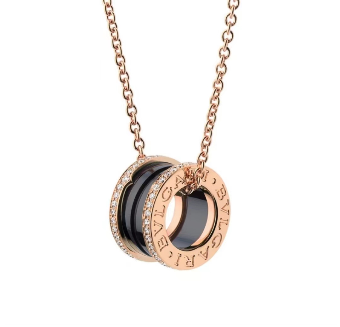 99新 BVLGARI/宝格丽 18k玫瑰金双排钻黑陶瓷项链 