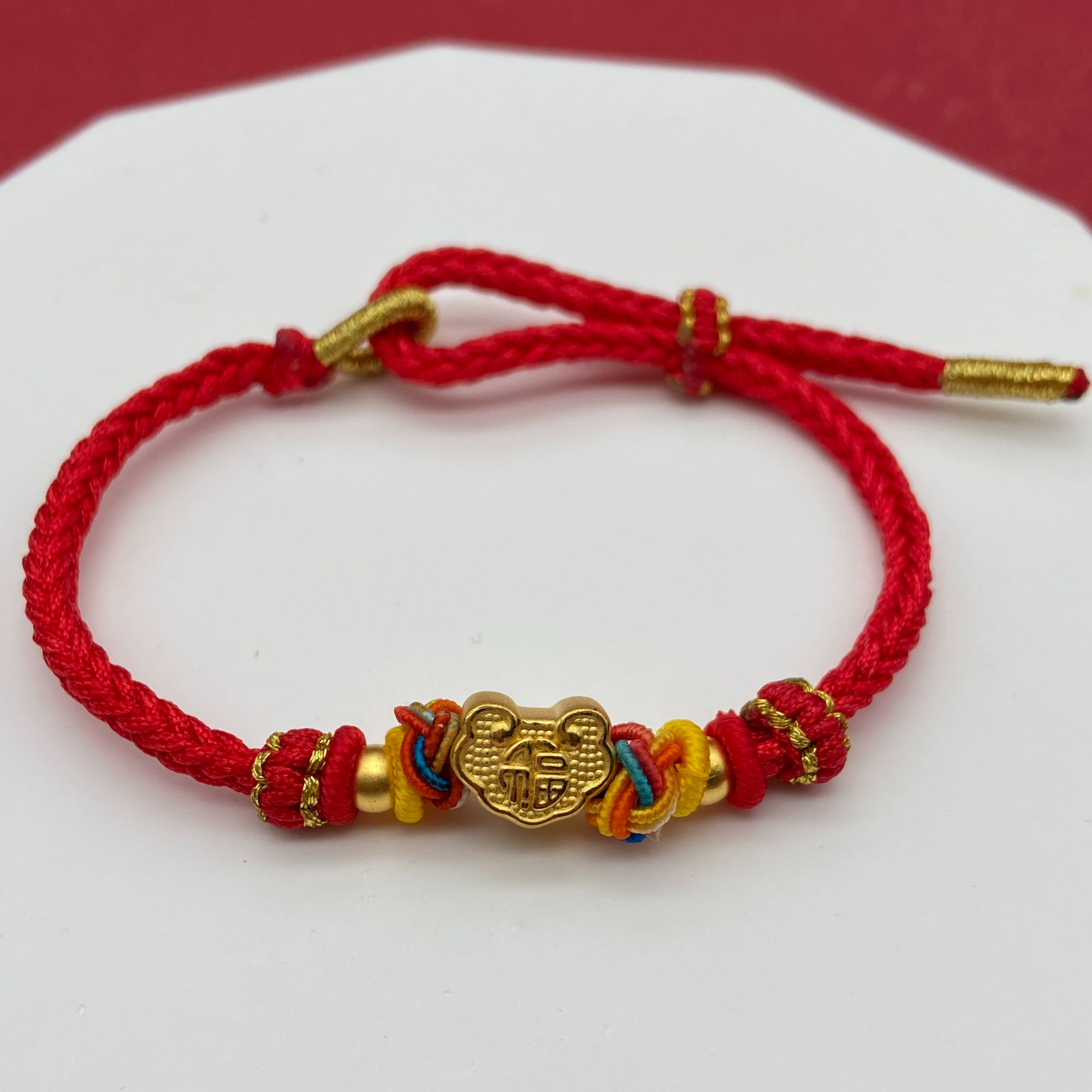 足金999祥云福字转运珠红绳黄金祥云手绳送宝宝满月周岁礼编绳