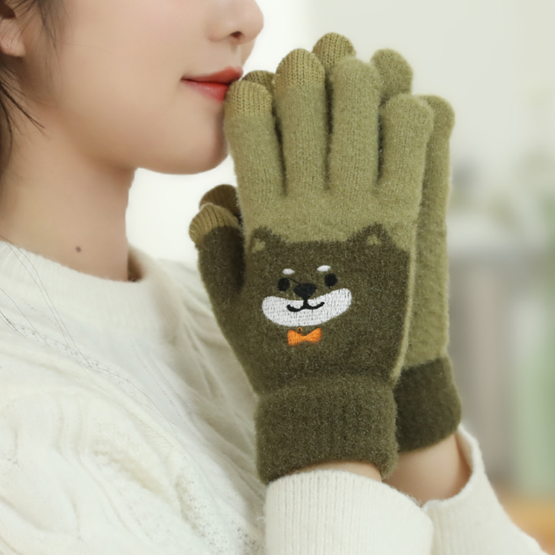 触摸屏保暖手套女冬季加绒加厚卡通可爱五指学生骑车防寒毛线手套