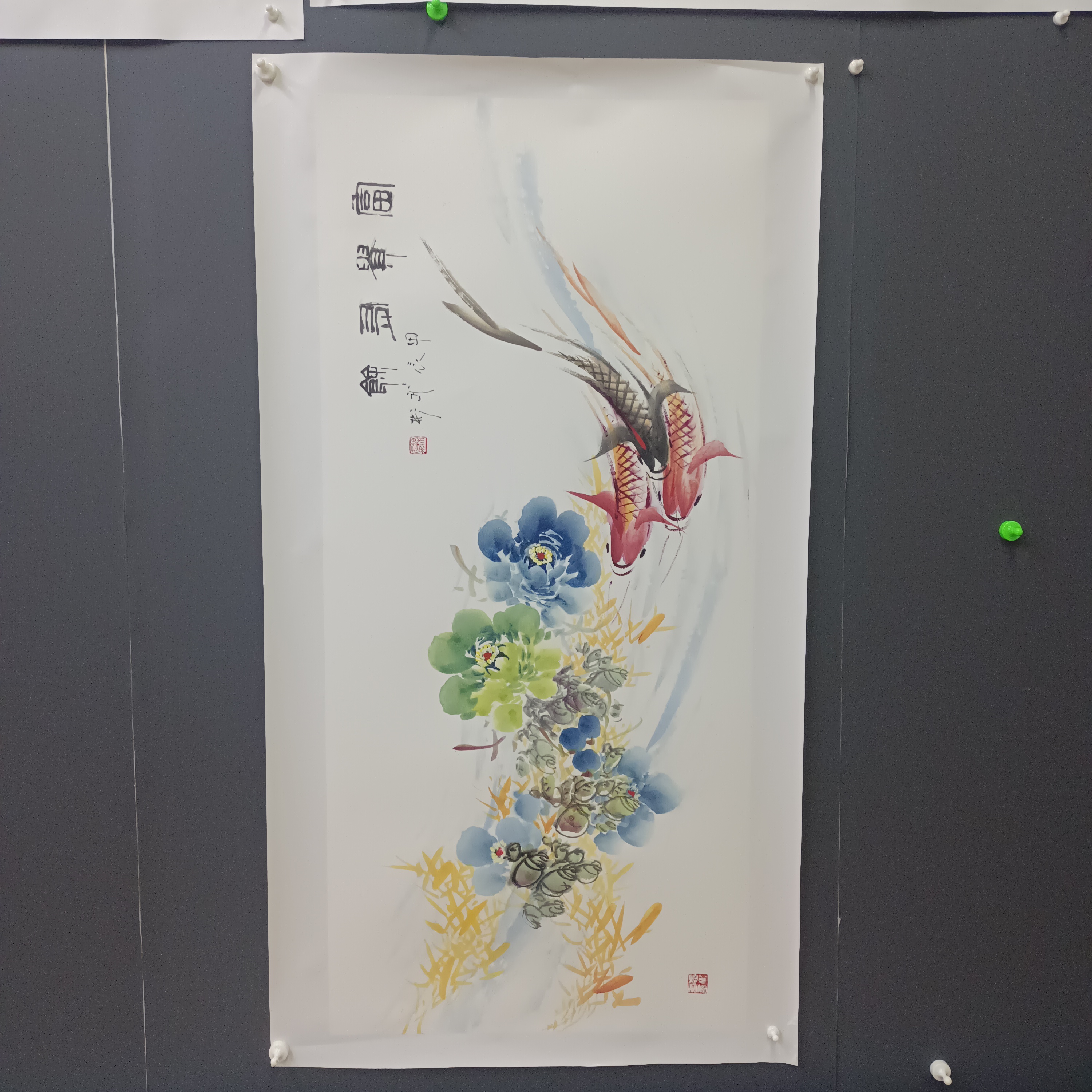 梁老师纯手绘牡丹鱼图140-70