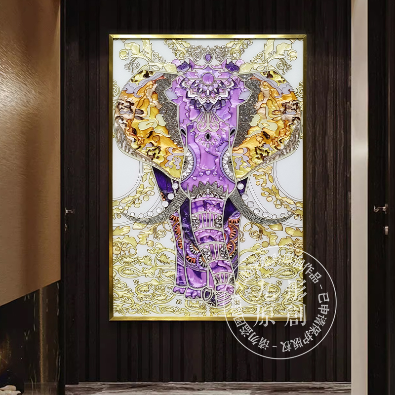 纯掐丝珐琅彩玄关装饰画福禄呈祥（紫）背景大象画手绘美式珐琅彩画