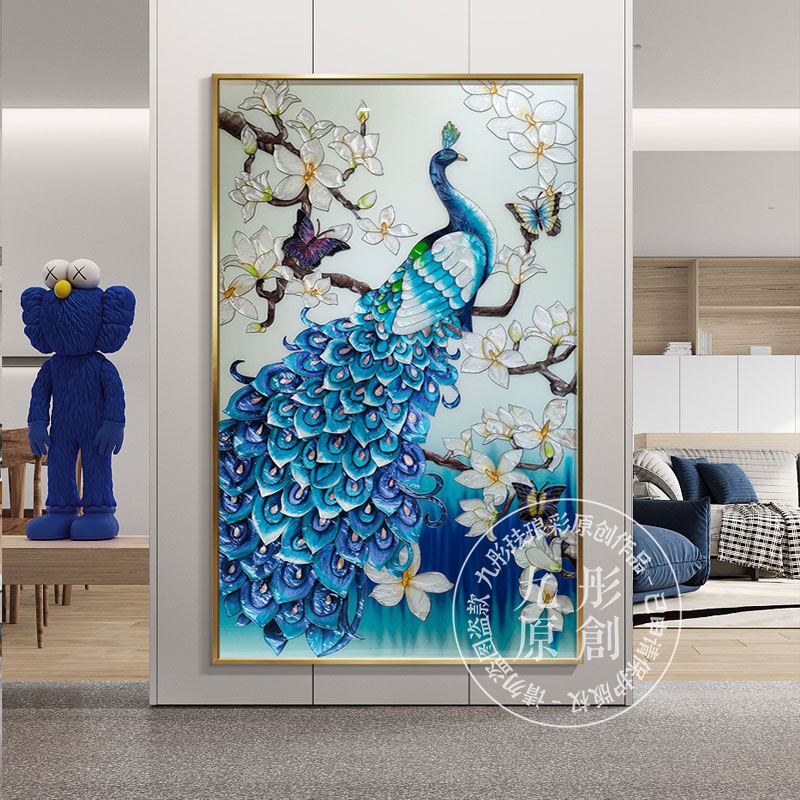 新中式玄关装饰画高端珐琅画客厅走廊过道挂画壁画朱诺之鸟