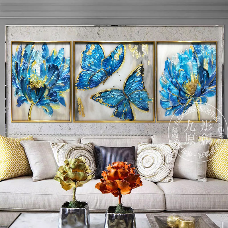 珐琅彩装饰画蝶舞花语创意玄关客厅卧室三联壁画艺术轻奢沙发背景