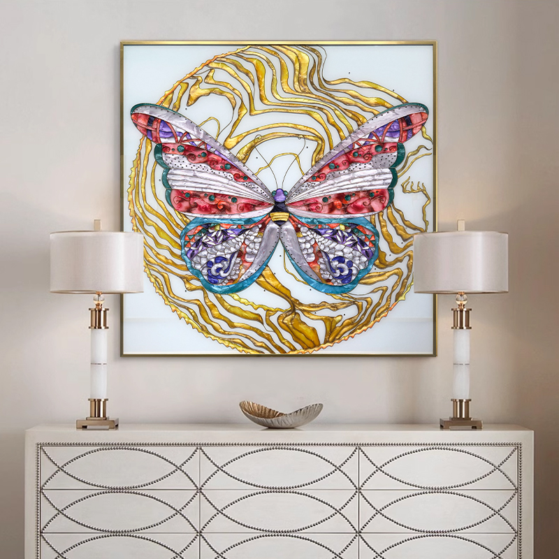 纯手工掐丝珐琅彩装饰画轻奢创意动物蝴蝶挂画福至心灵背景墙壁画