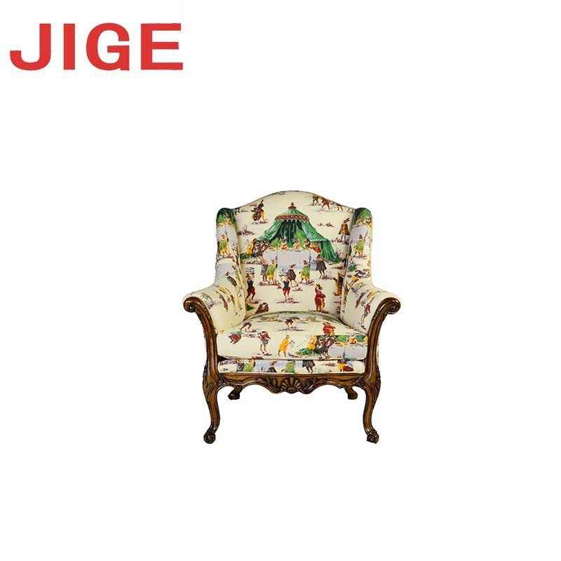 JIGE 欧式复古单人实木沙发椅雕花布艺软包休闲椅客厅装饰椅