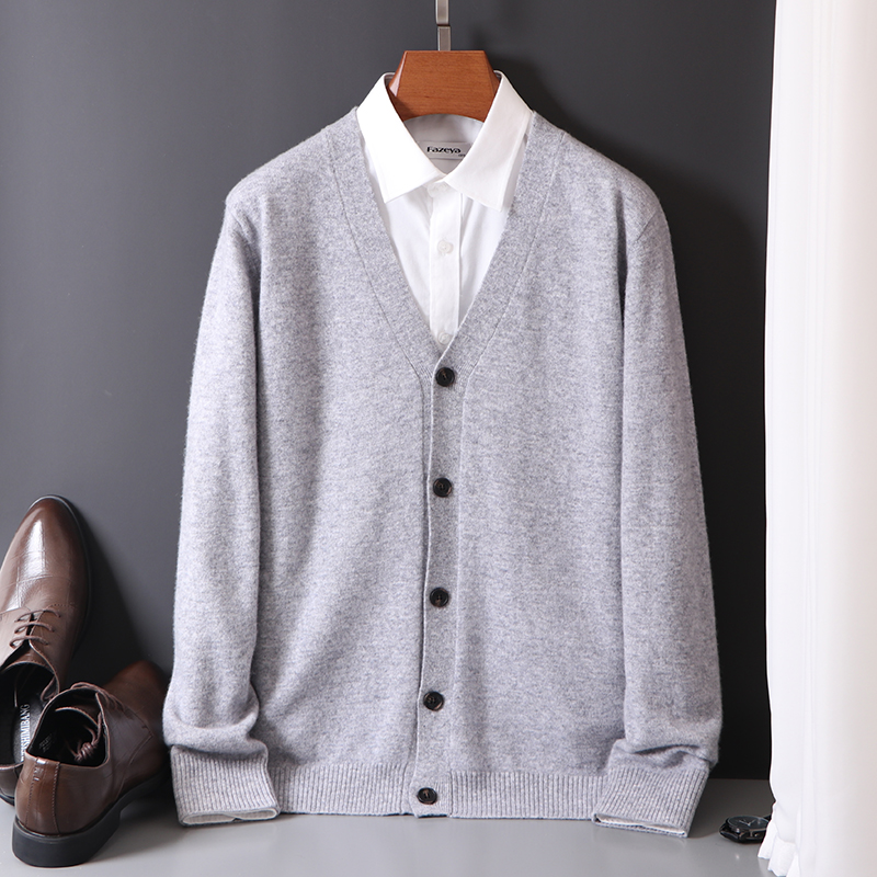 春秋新款100羊毛衫男士开衫毛衣V领宽松休闲羊毛针织衫外套