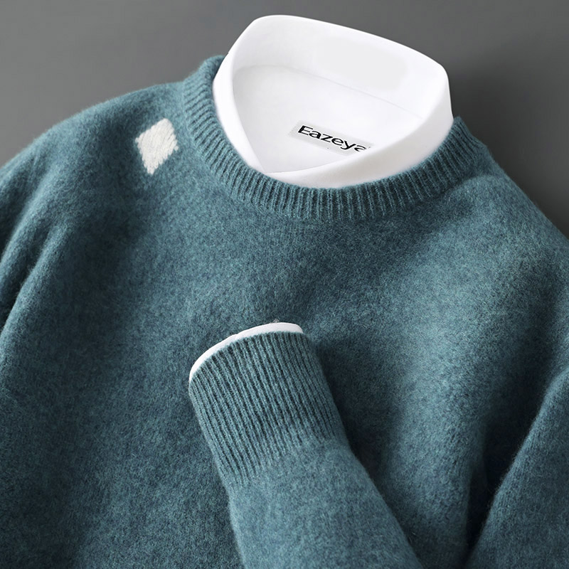 纯羊毛衫男圆领方块提花针织长袖套头毛衣休闲时尚宽松羊绒打底衫