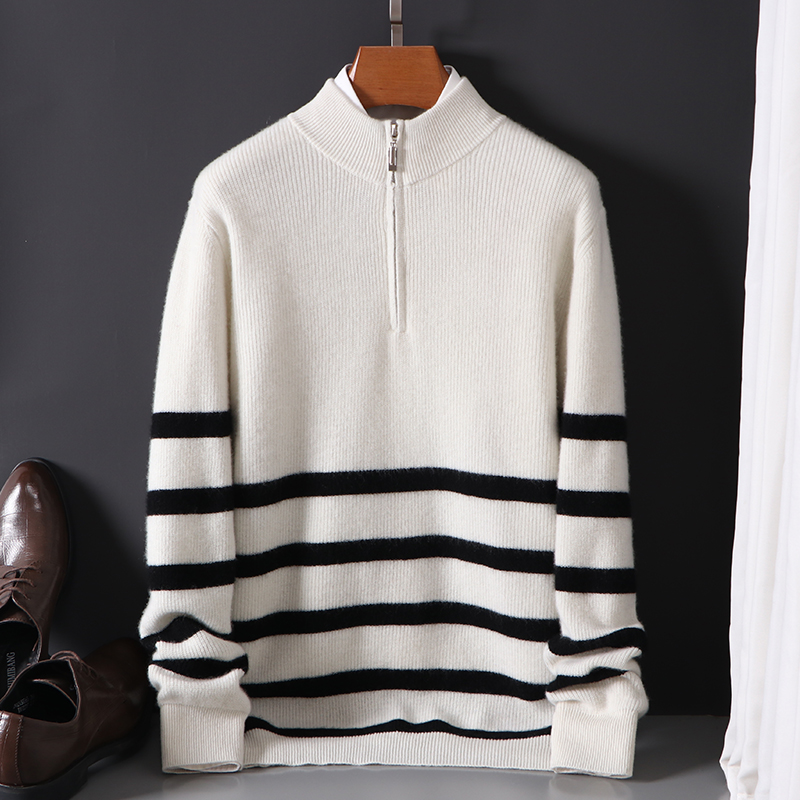 新款羊毛衫男半高拉链领拼色条纹针织打底衫休闲宽松大码加厚毛衣