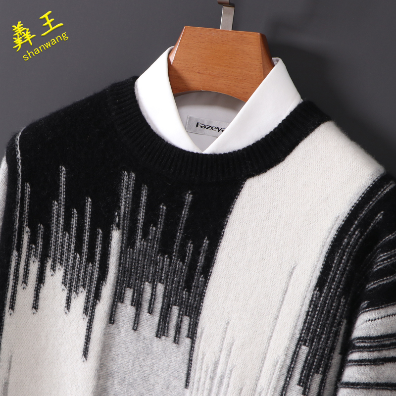 纯羊毛衫男圆领拼色渐变针织长袖毛衣款式休闲大码加厚打底衫