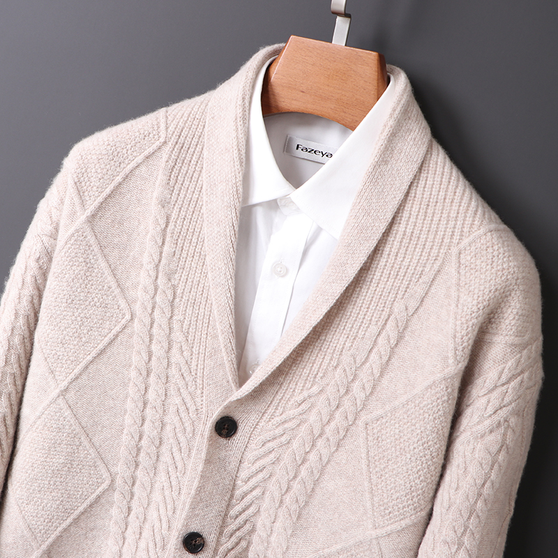 羊毛衫男开衫外套春秋季大码带兜宽松时尚翻领针织衫加厚毛衣外搭