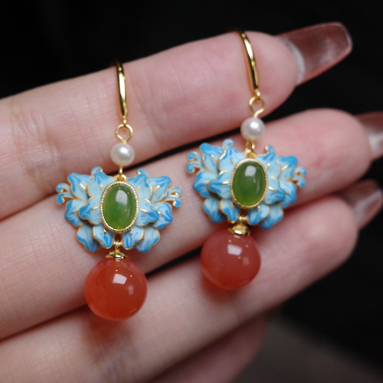 天然南红圆珠设计款珐琅彩S925银镶耳环耳饰新中式国风