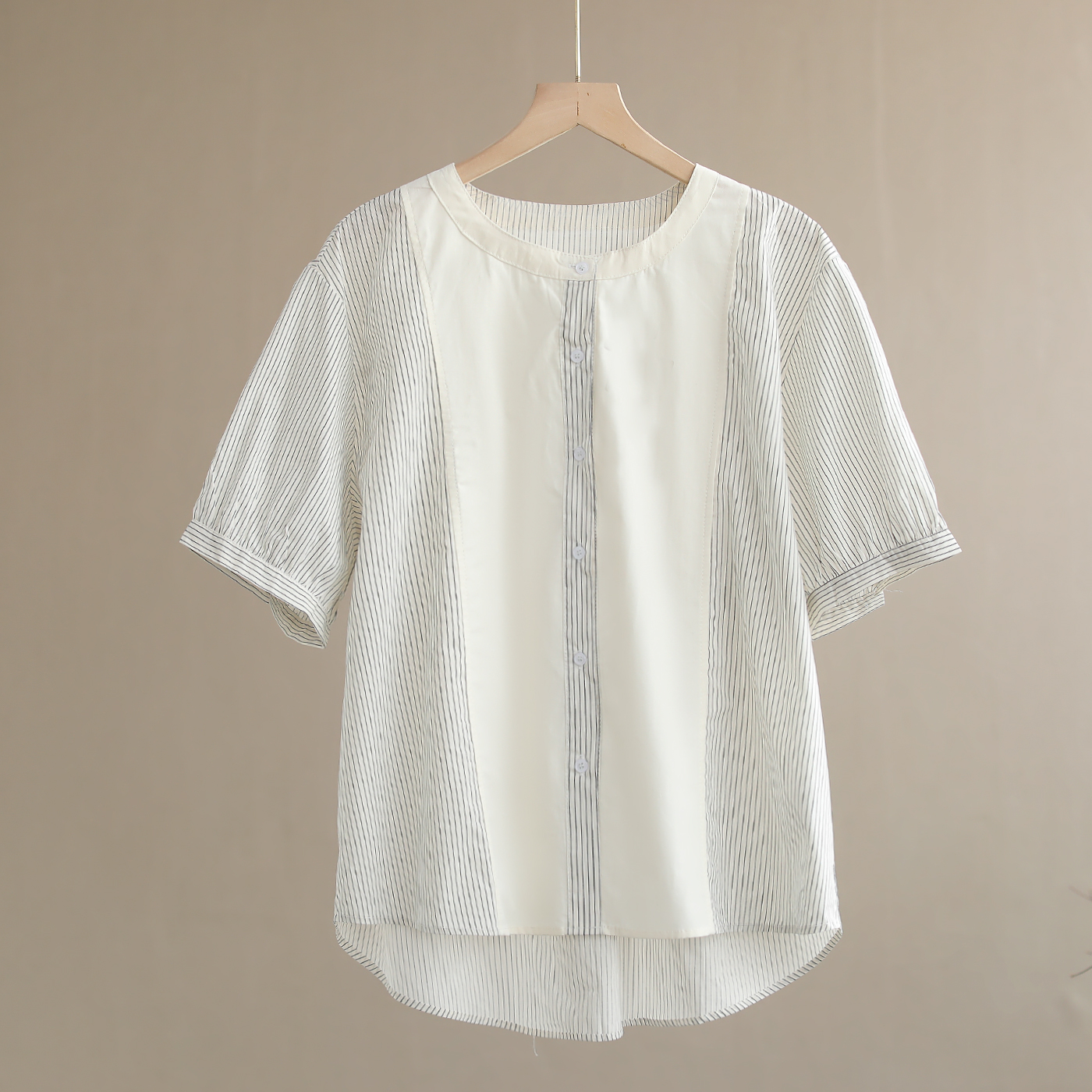【纭季原创】衣长62-66 百搭时尚夏款拼接细条纹短袖衬衫D24378