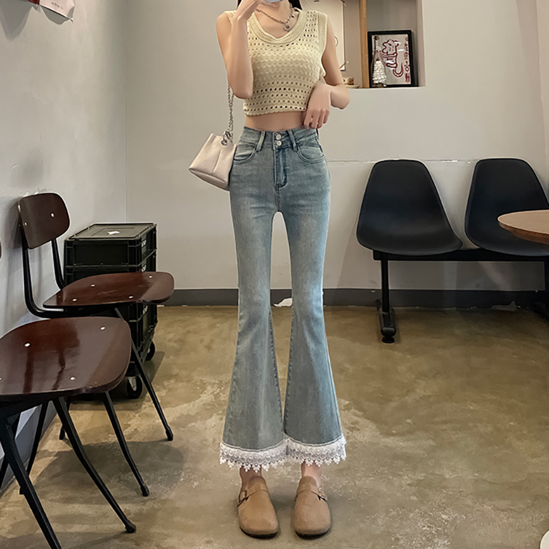 蕾丝花边拼接微喇牛仔裤女2025春装新款高腰修身显瘦设计感小个子