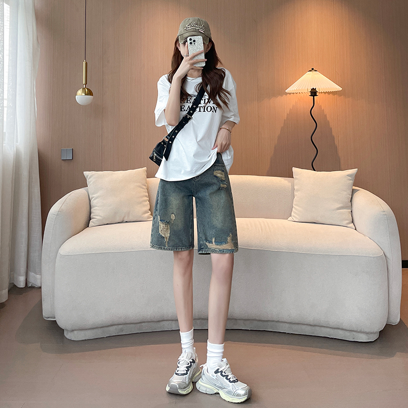 水泥灰破洞阔腿牛仔裤女五分裤2025年春装女新款高腰宽松中裤百搭