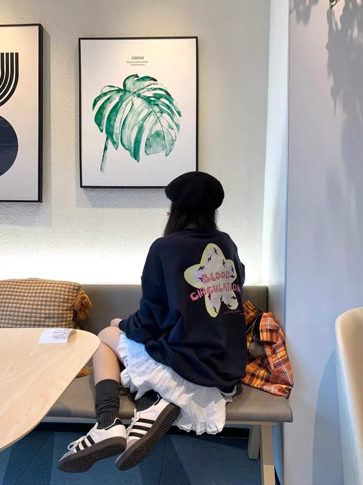 美式复古圆领卫衣女秋冬宽松百搭休闲小众学生ins潮流小众慵懒风 