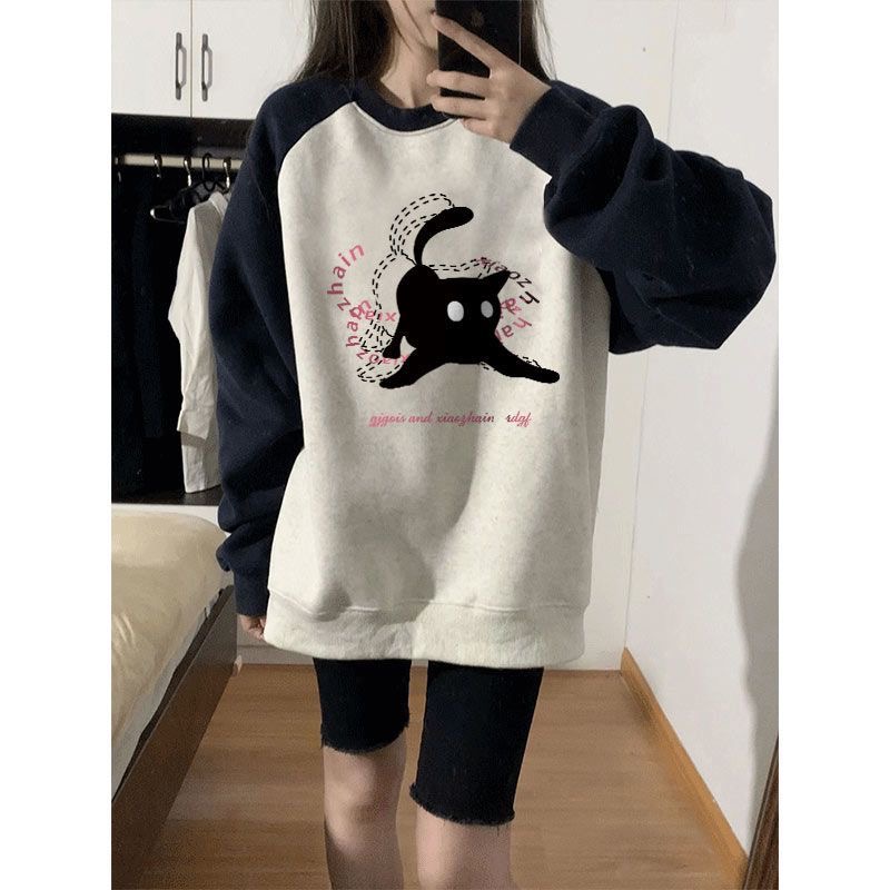拼接撞色插肩袖圆领卫衣女秋冬2025新款猫咪oversize无帽复古上衣