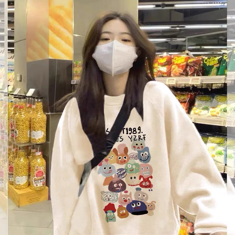 杏色圆领卫衣女薄款春秋oversize小众设计感宽松慵懒风小个子上衣